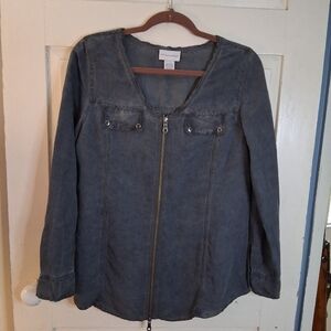 Soft Surroundings Indigo Blue Acid Wash Linen Blend Zip-Up Shirt Jacket